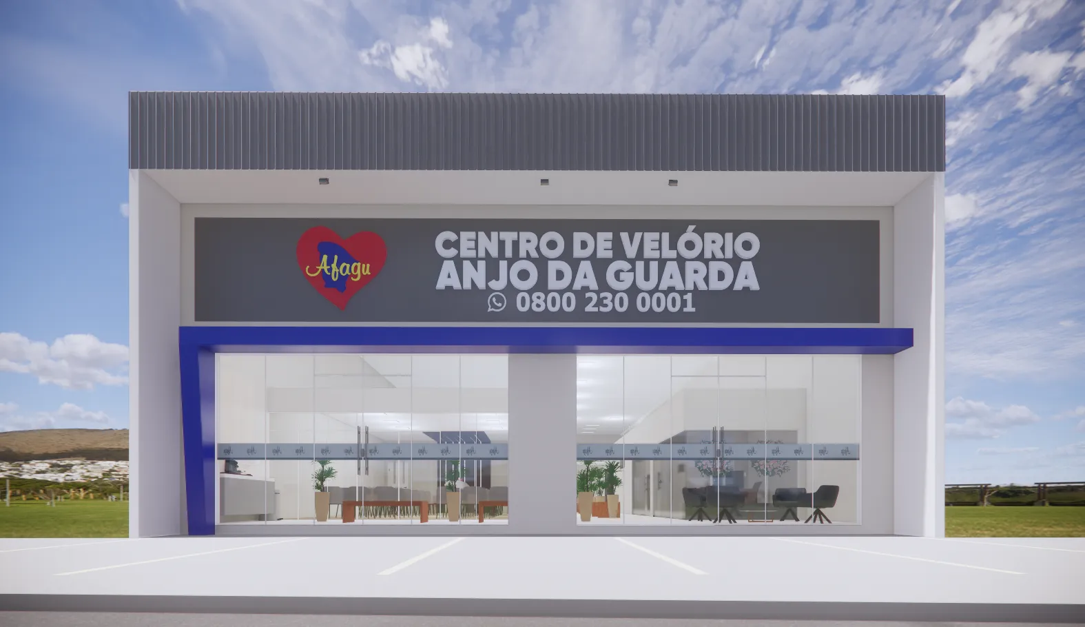 Fachada 3D do novo Centro de Velório Anjo da Guarda em Tianguá.